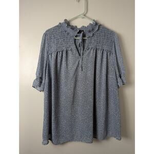 Pleione Size 1X Blouse Blue Floral Smocking Ruffle Sleeve Lined Keyhole Tie Neck